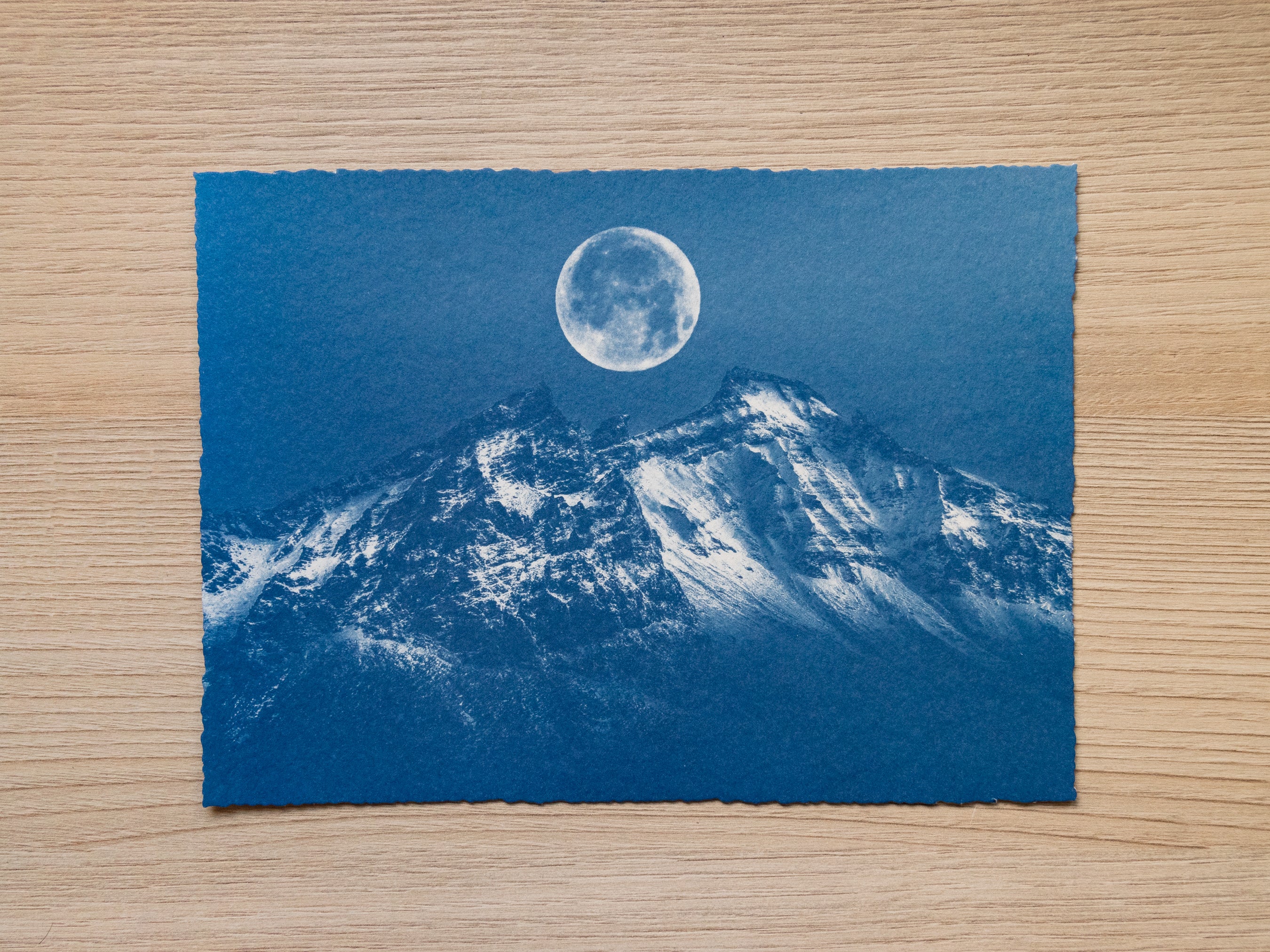Original cyanotype print, mountain and moon cyanotype art