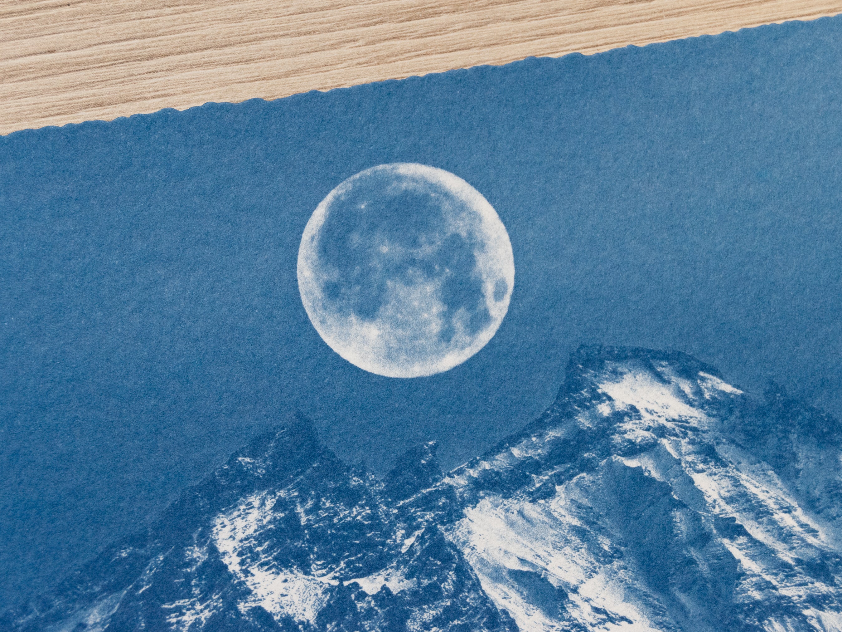 Original cyanotype print, mountain and moon cyanotype art