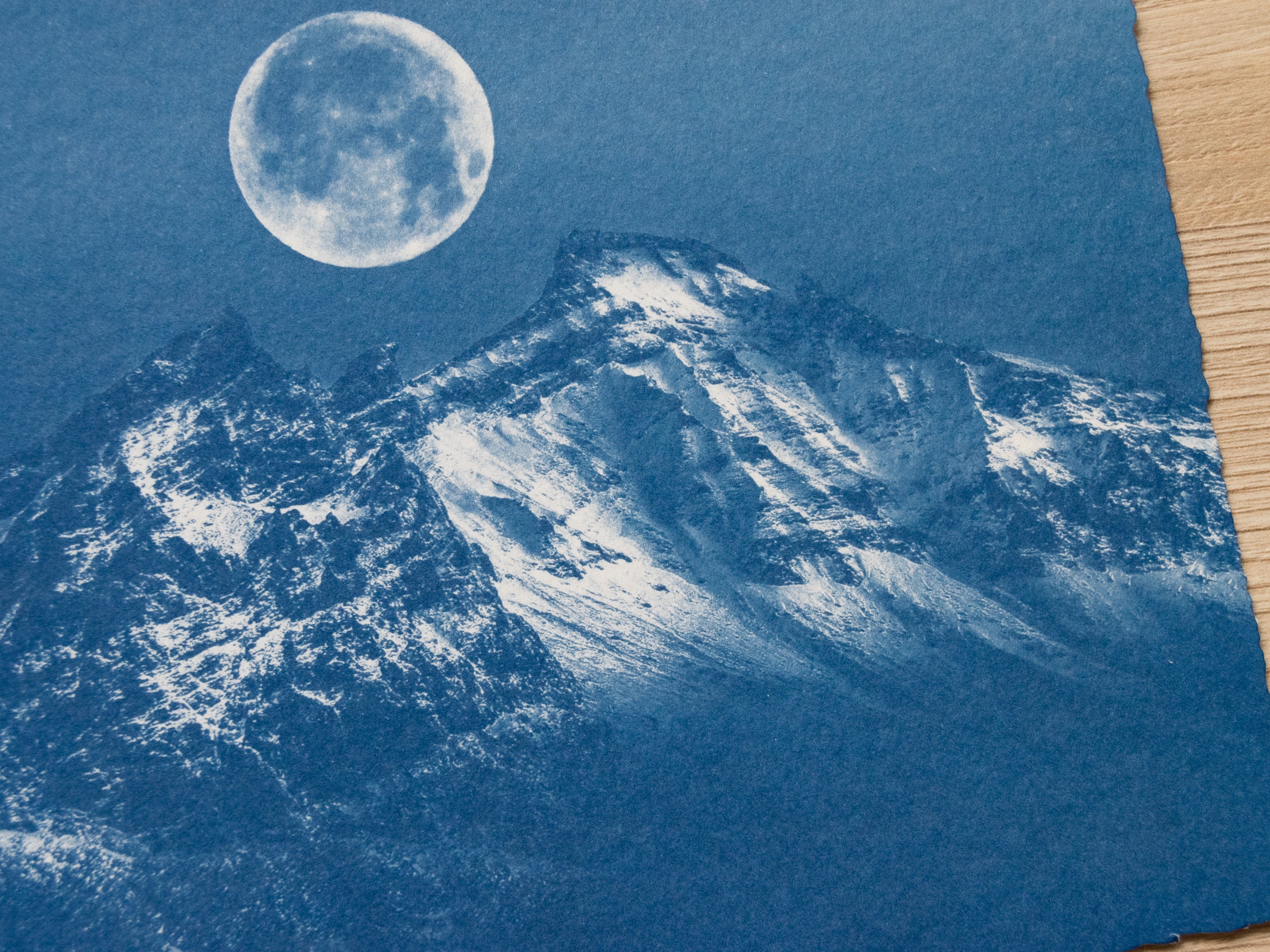 Original cyanotype print, mountain and moon cyanotype art