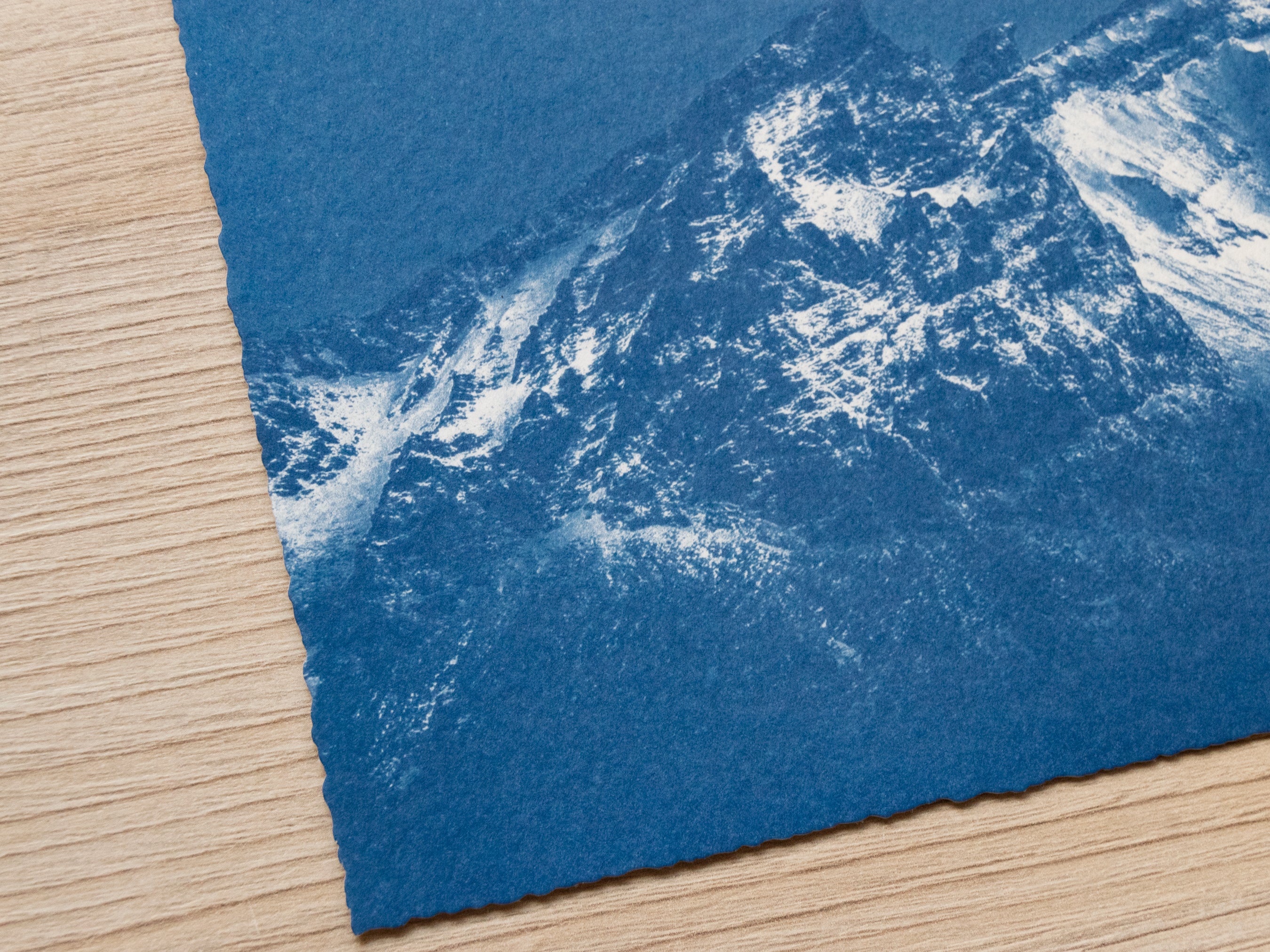 Original cyanotype print, mountain and moon cyanotype art