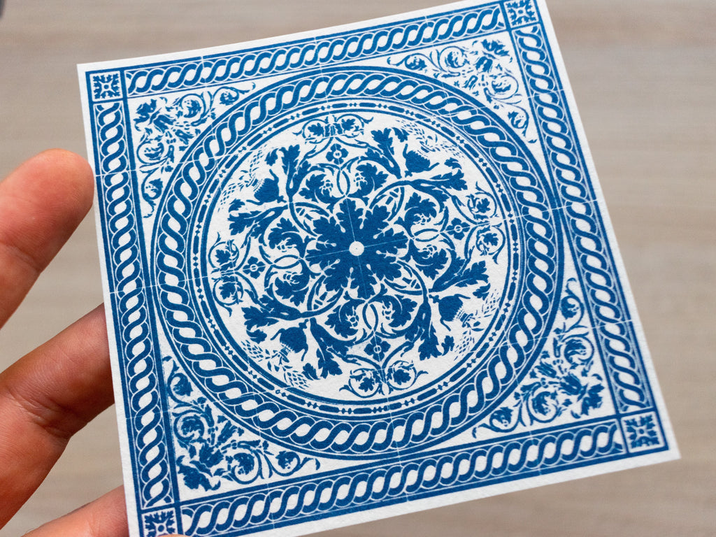 closeup cyanotype tile made with a negative