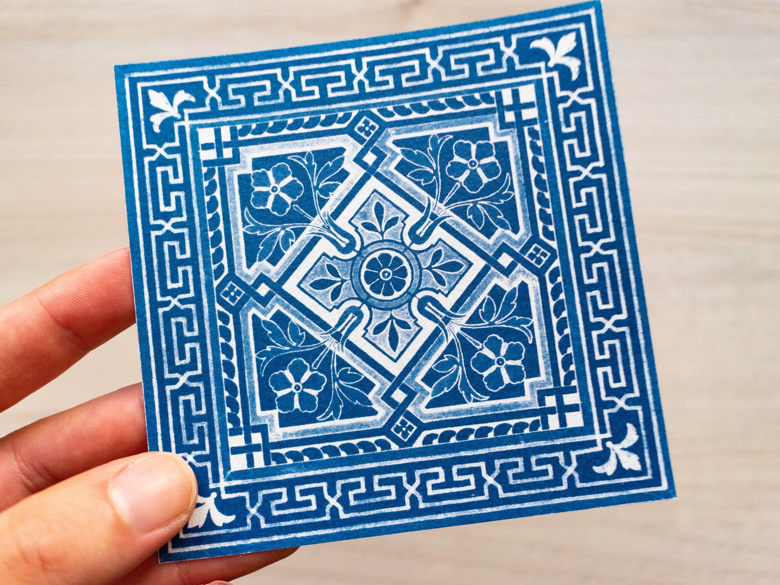 closeup cyanotype tile stencil