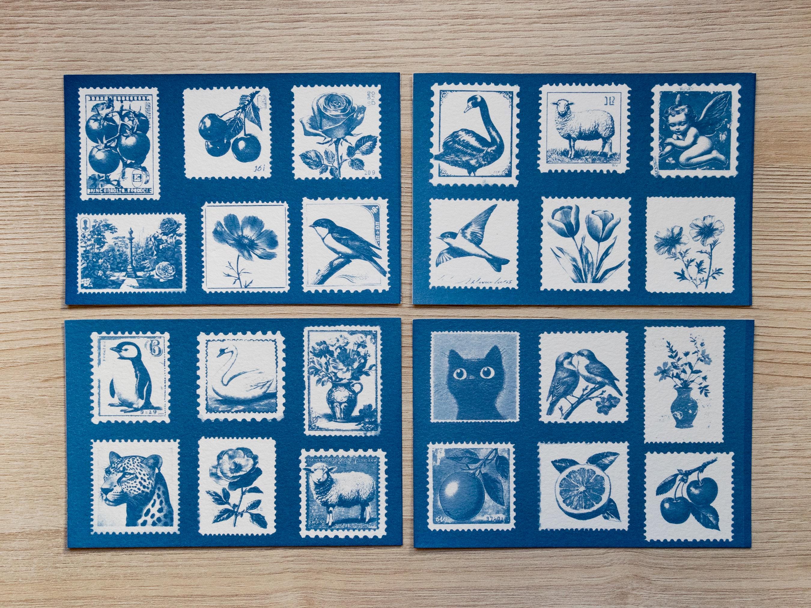 cyanotype art with postage stamp shape