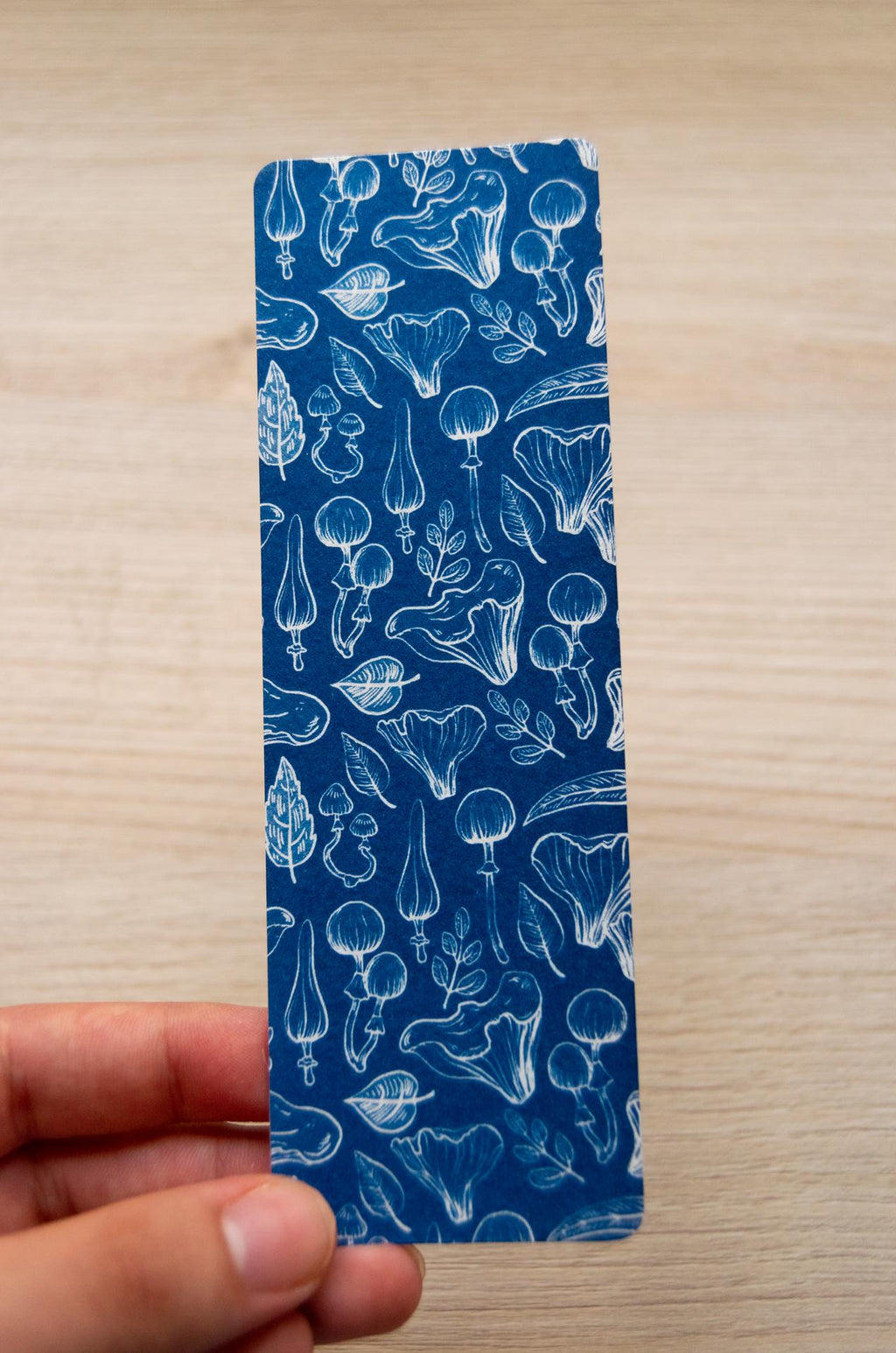 cyanotype bookmark with mushroom pattern