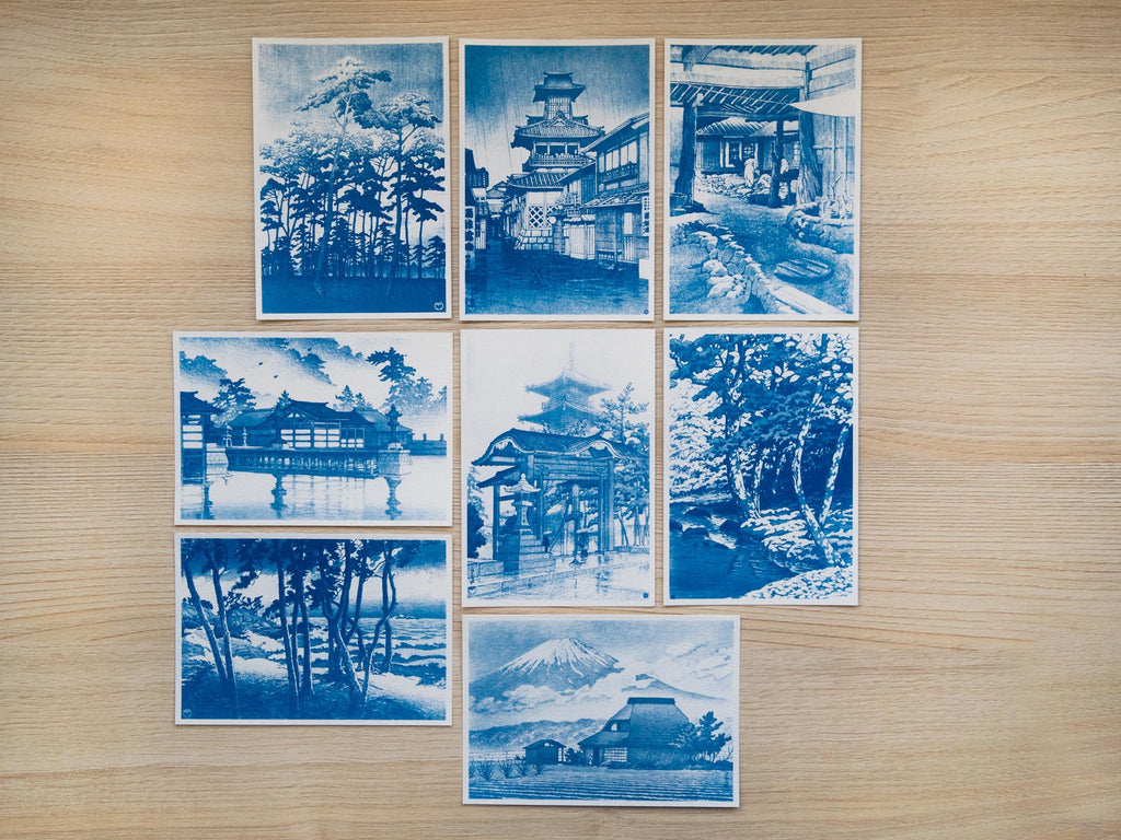 cyanotype print of japanese woodcut landscapes