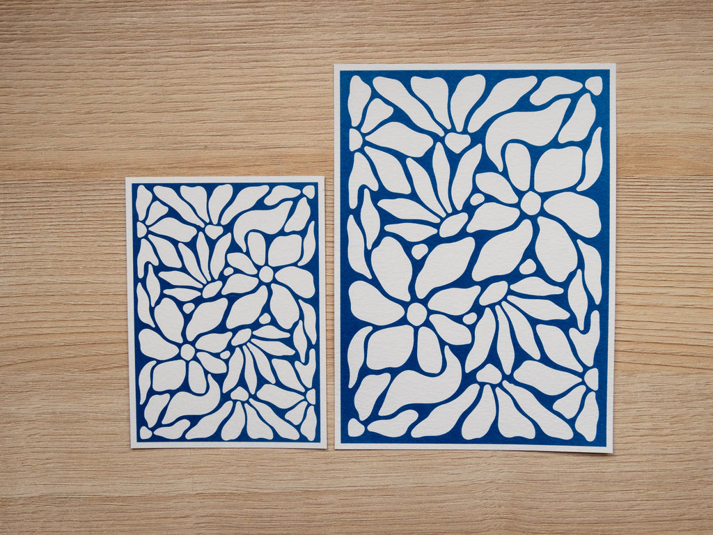 cyanotype print of minimalist flowers pattern