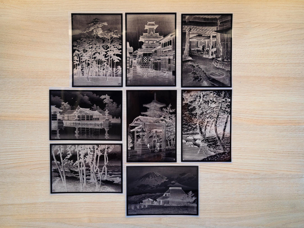 cyanotype stencils of japanese woodcut landscapes