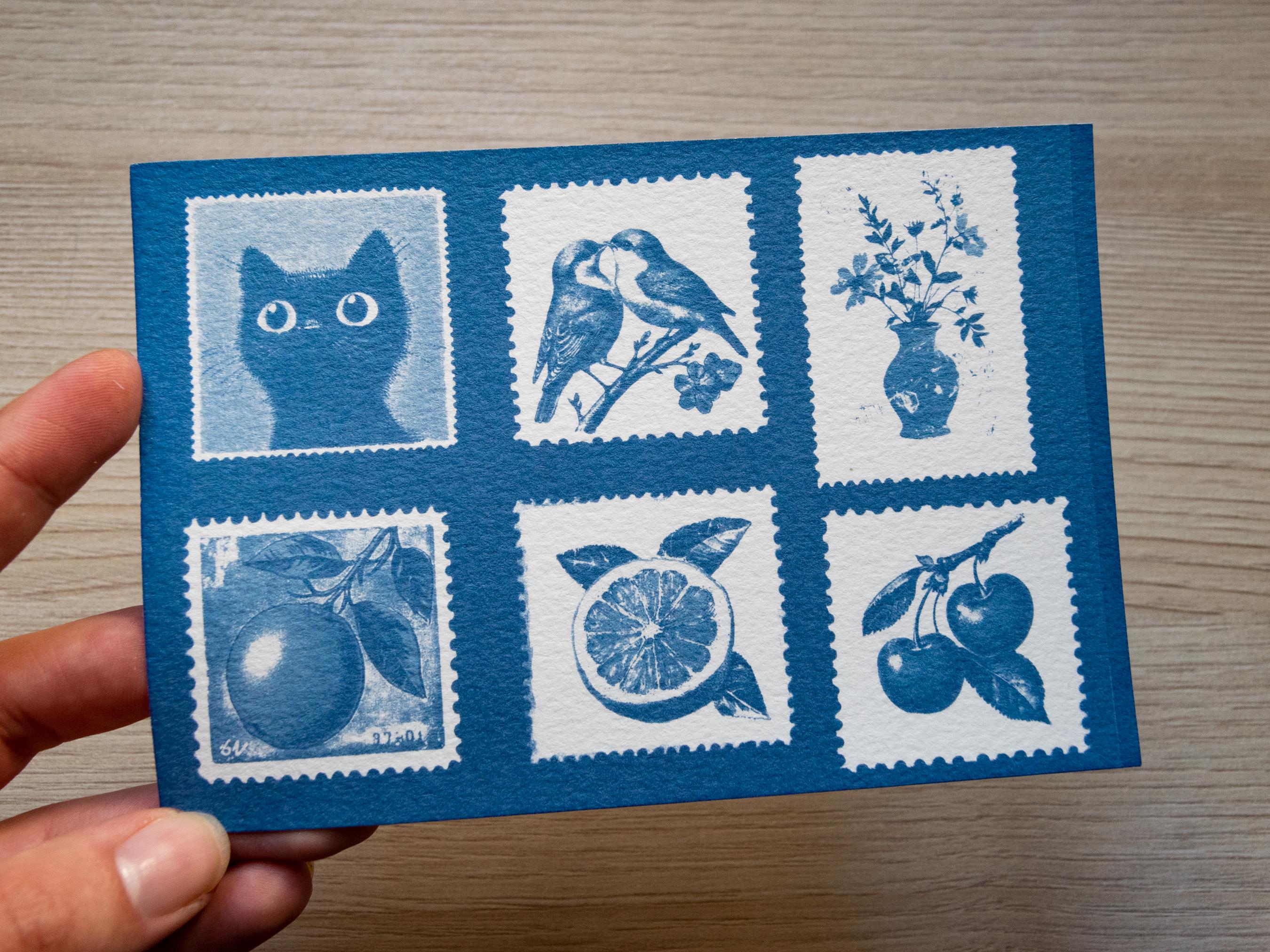 fruits postage stamp cyanotype print
