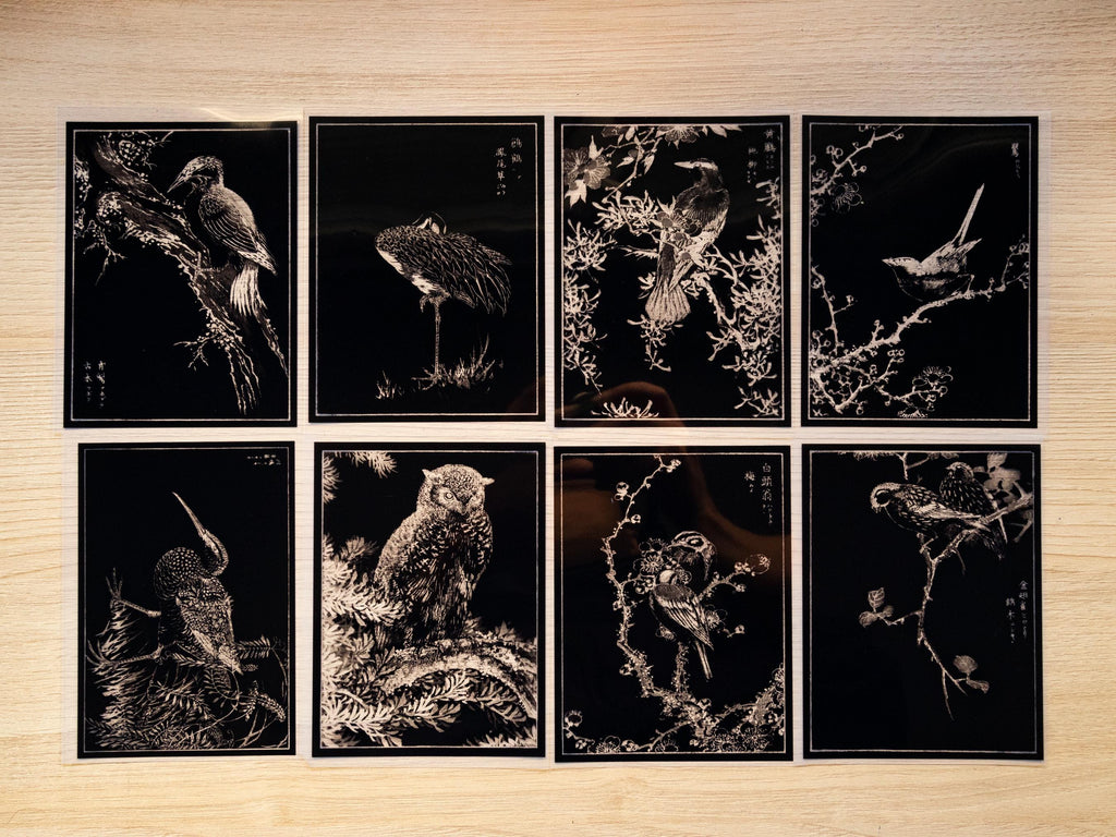 japanase woodcut birds negatives for cyanotype
