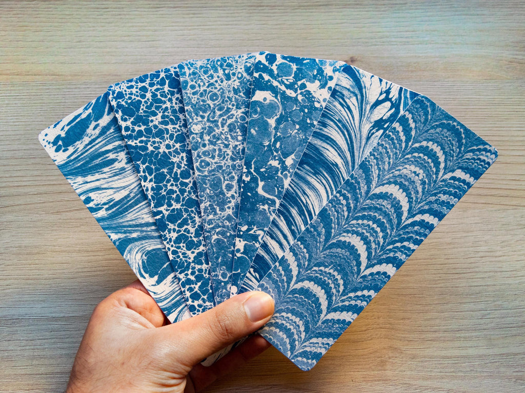 marbled cyanotype bookmarks with stencils