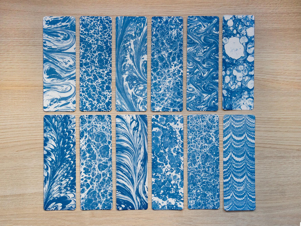 marbled patterns cyanotype bookmarks prints