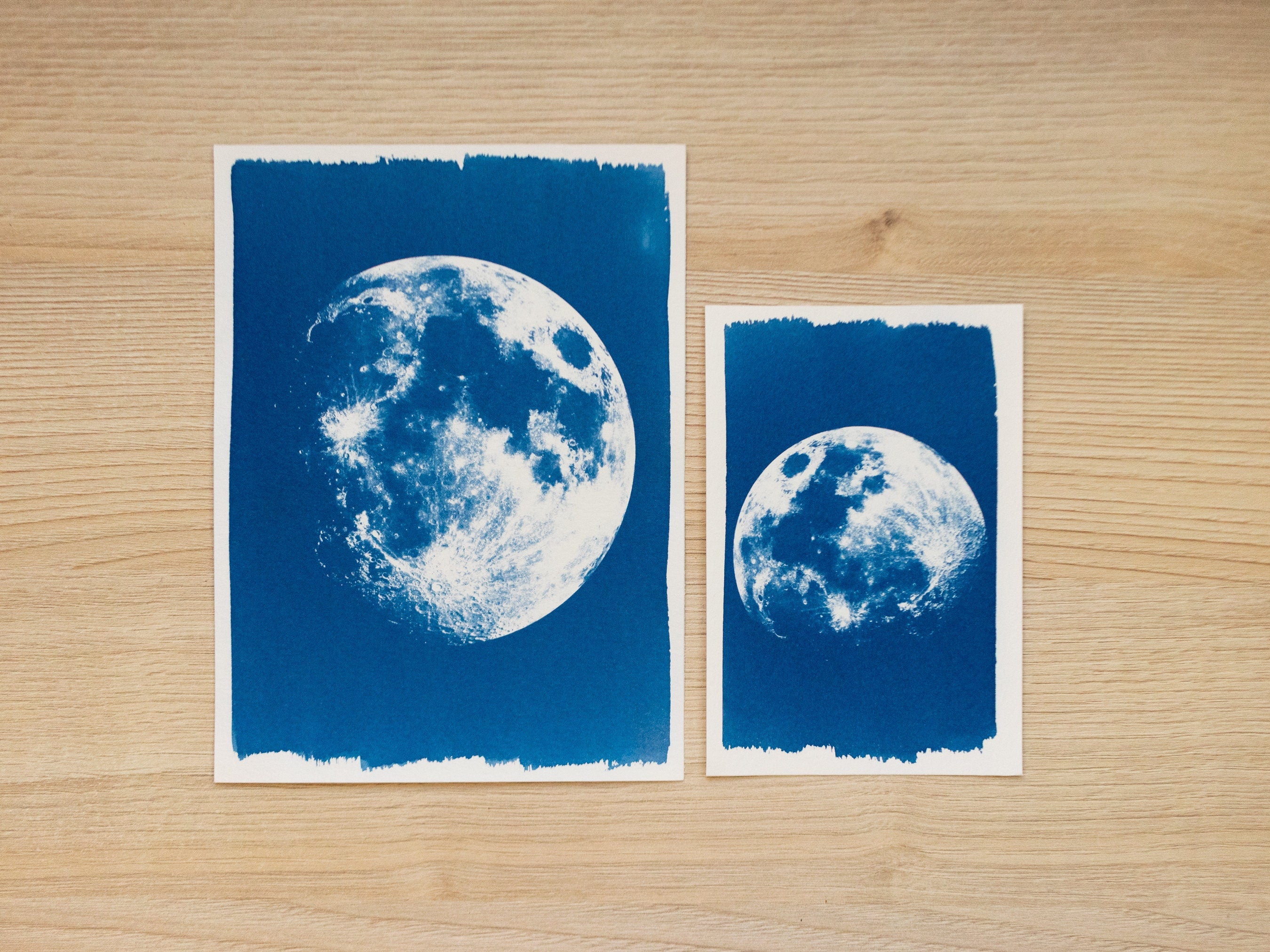 moon cyanotype print with negatives