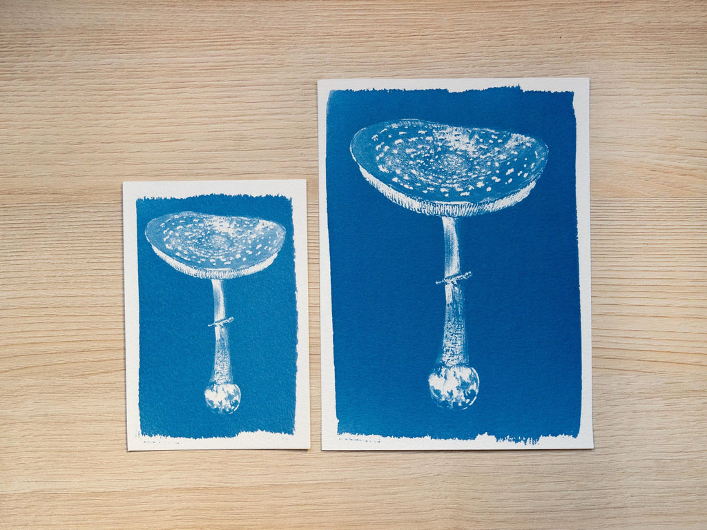 mushrooms cyanotype prints made with stencils