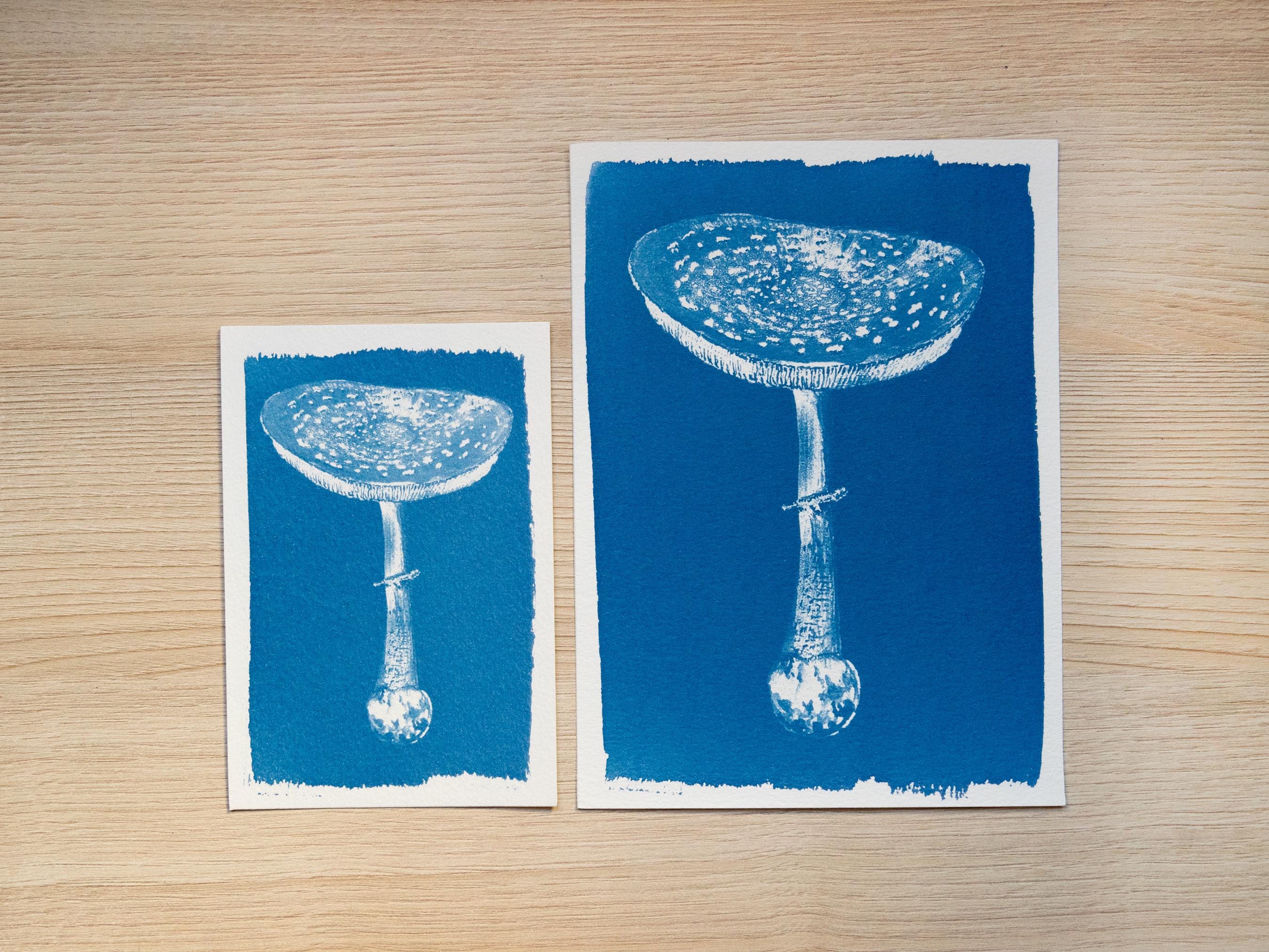mushrooms cyanotype prints made with stencils