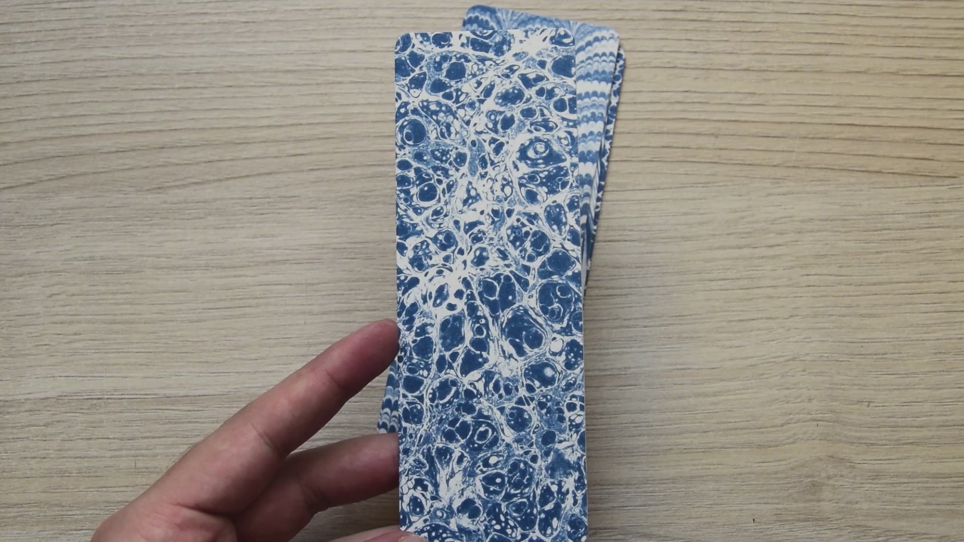 Cyanotype bookmarks, marbled pattern